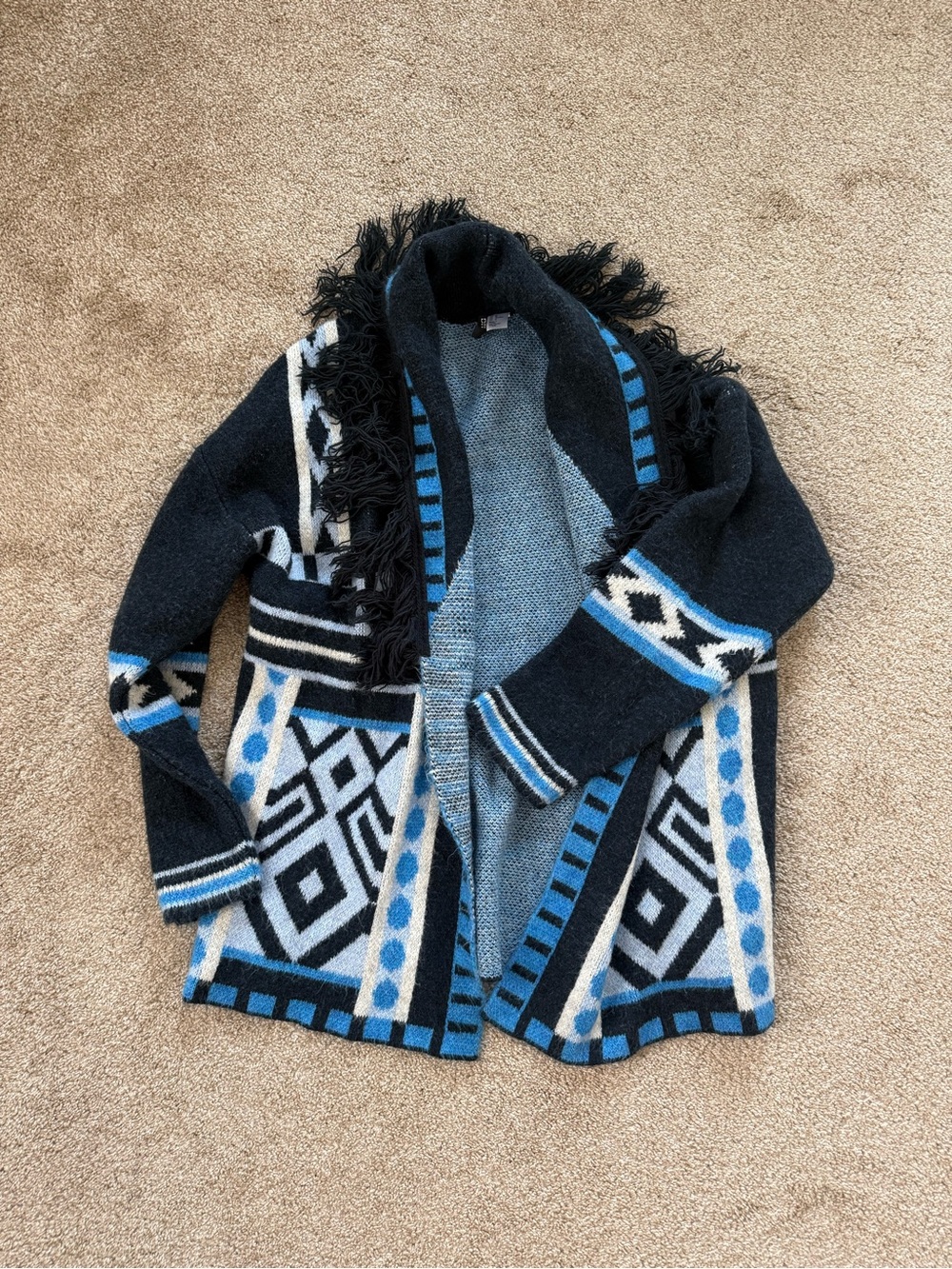 H&M Fringed Open-Front Cardigan Jacket Black Blue Geometric Pattern Size Medium